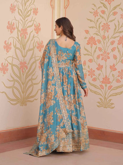 Hippie Blue Floral Print Gown With Embroidery Work And Dupatta