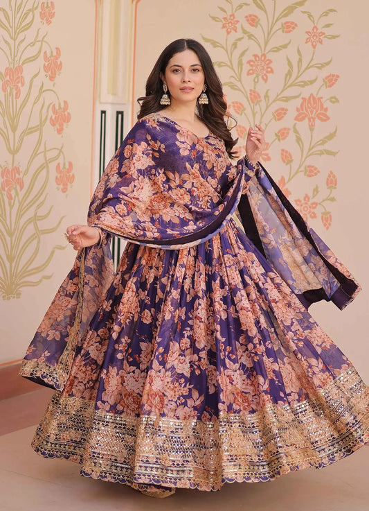 Purple Haze Floral Print Gown With Embroidery Work And Dupatta
