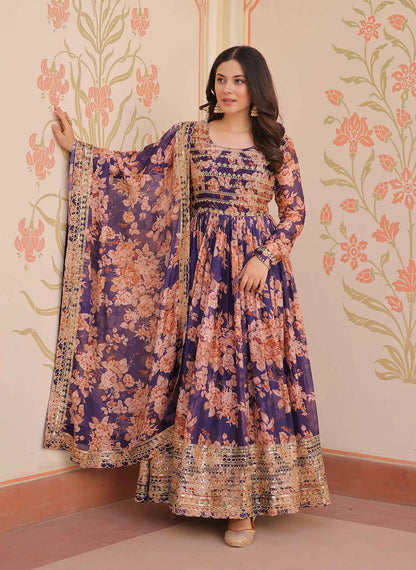 Purple Haze Floral Print Gown With Embroidery Work And Dupatta