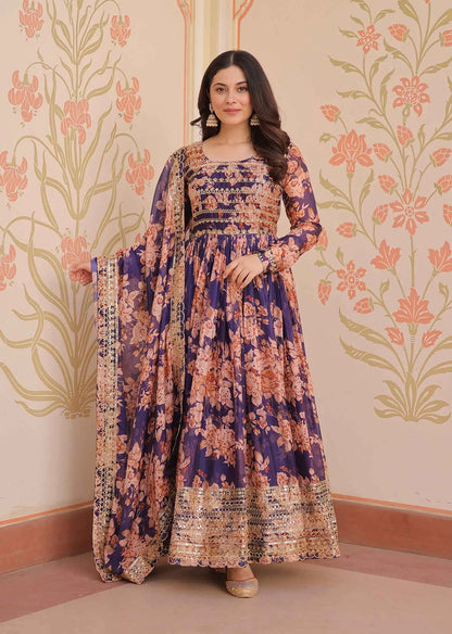Purple Haze Floral Print Gown With Embroidery Work And Dupatta
