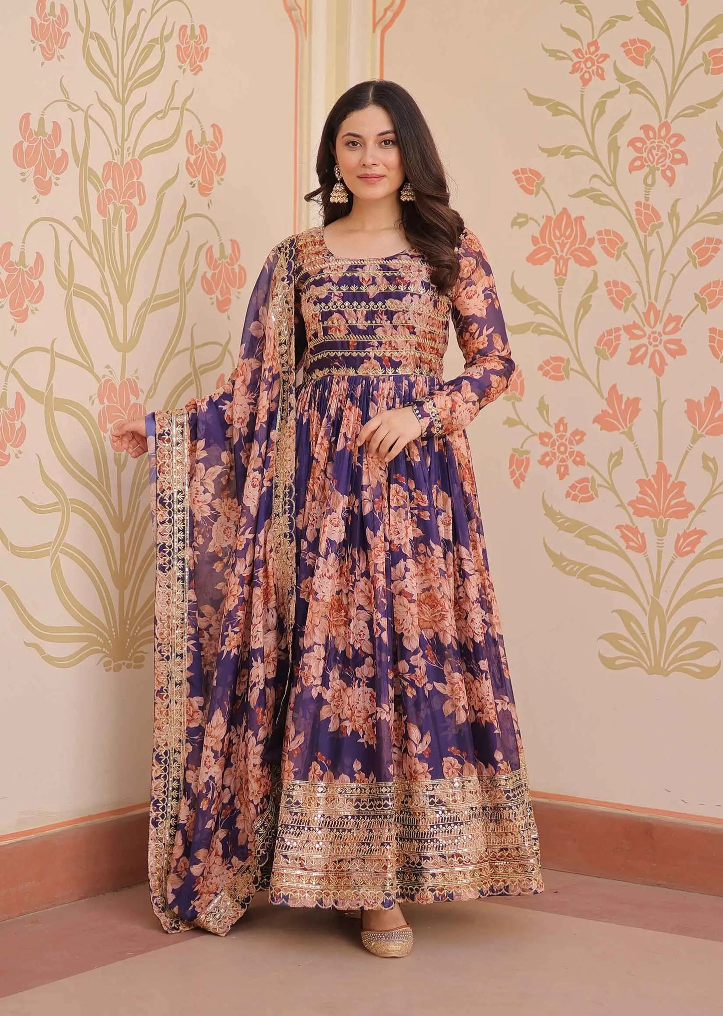Purple Haze Floral Print Gown With Embroidery Work And Dupatta