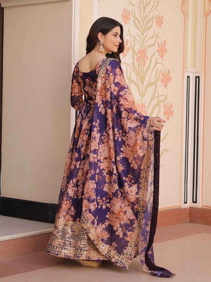 Purple Haze Floral Print Gown With Embroidery Work And Dupatta