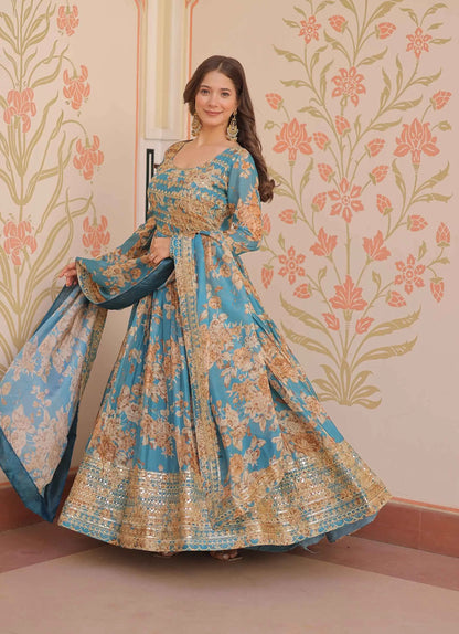 Hippie Blue Floral Print Gown With Embroidery Work And Dupatta