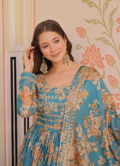 Hippie Blue Floral Print Gown With Embroidery Work And Dupatta
