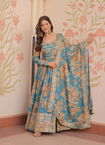 Hippie Blue Floral Print Gown With Embroidery Work And Dupatta