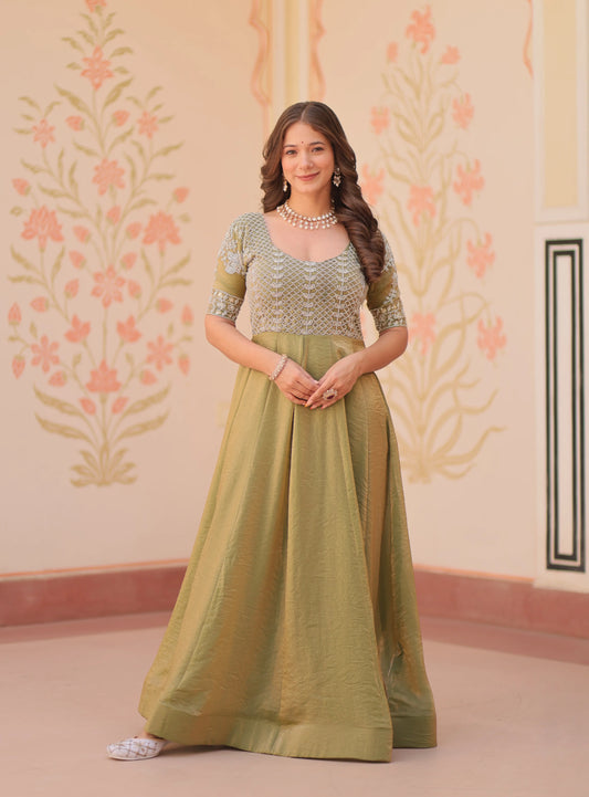 Designer Shiny Light Olive Green Beads Embroidery Work Gown