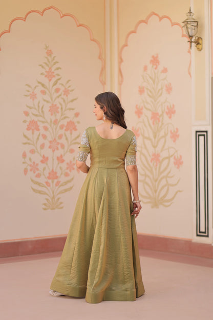 Designer Shiny Light Olive Green Beads Embroidery Work Gown