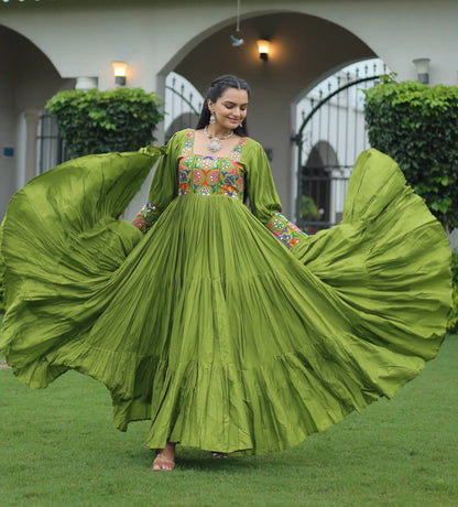 Camo Green Kutchi Gamthi Work Mirror Work Rayon Navratri Gown