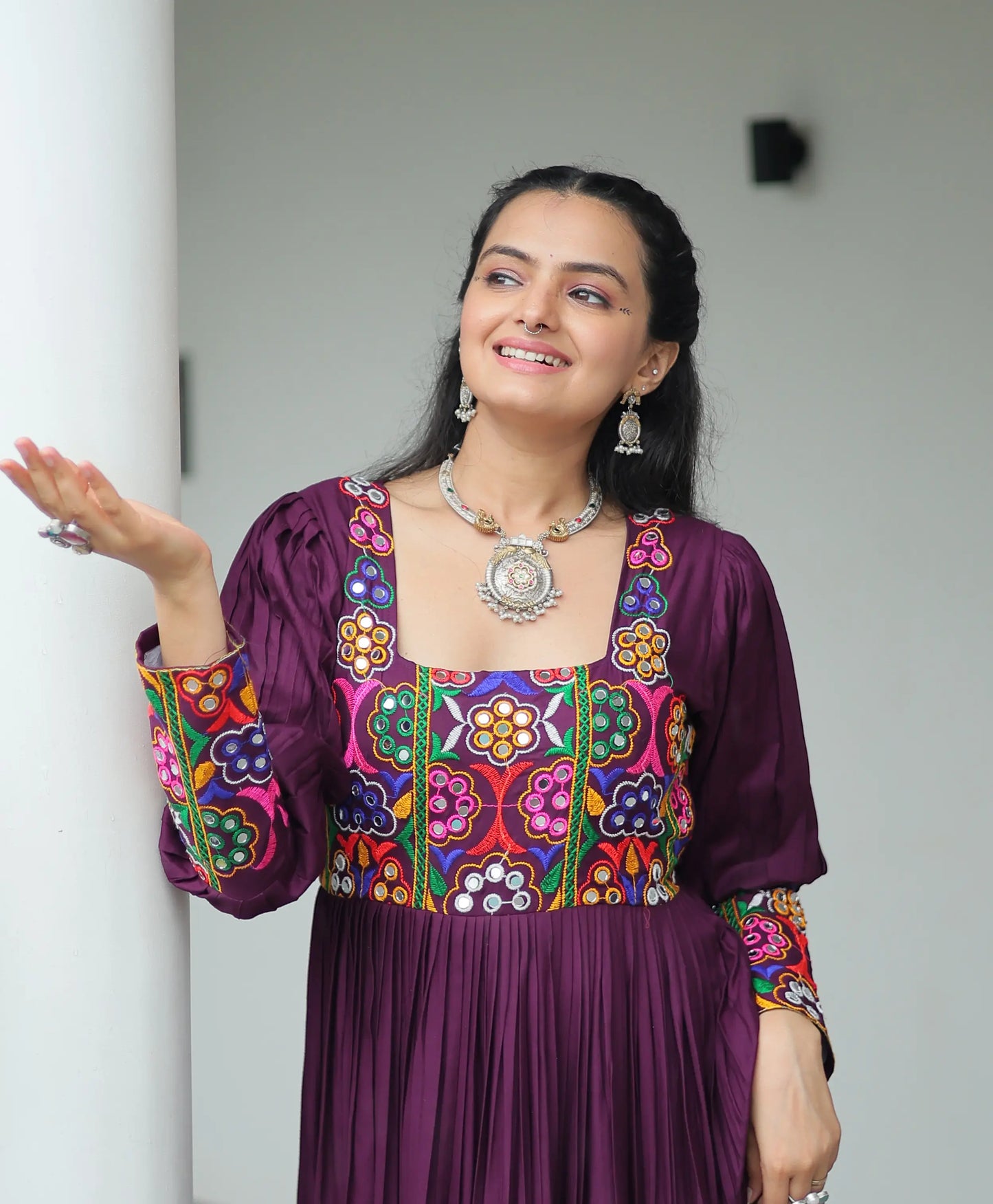 Wine Kutchi Gamthi Work Mirror Work Rayon Navratri Gown