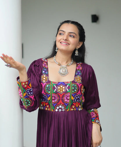 Wine Kutchi Gamthi Work Mirror Work Rayon Navratri Gown