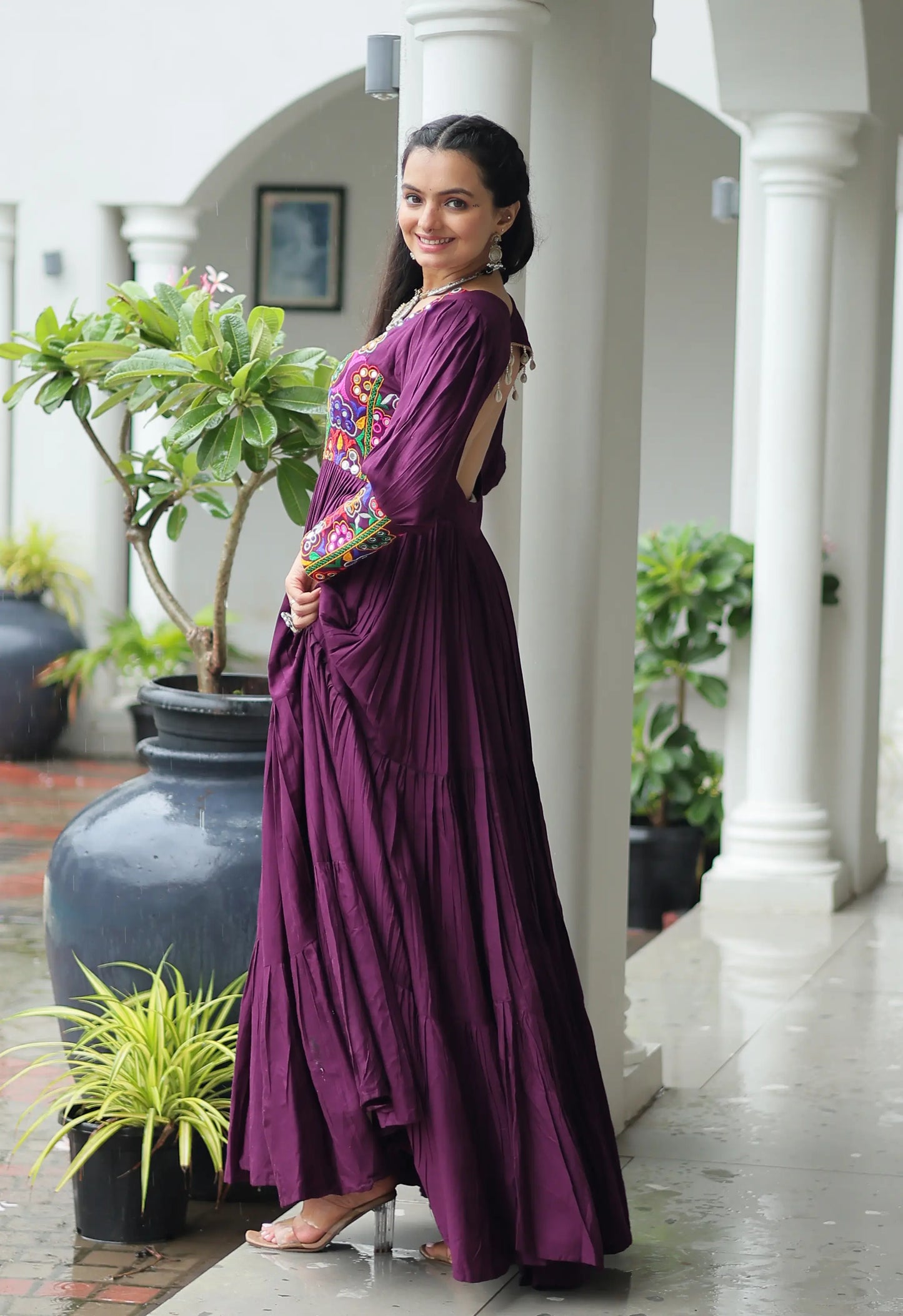 Wine Kutchi Gamthi Work Mirror Work Rayon Navratri Gown