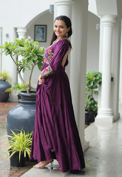 Wine Kutchi Gamthi Work Mirror Work Rayon Navratri Gown