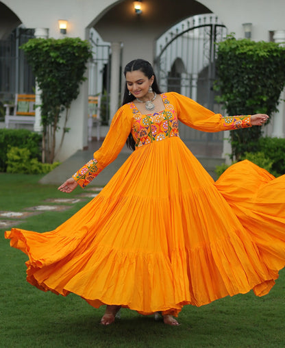 Yellow Kutchi Gamthi Work Mirror Work Rayon Navratri Gown