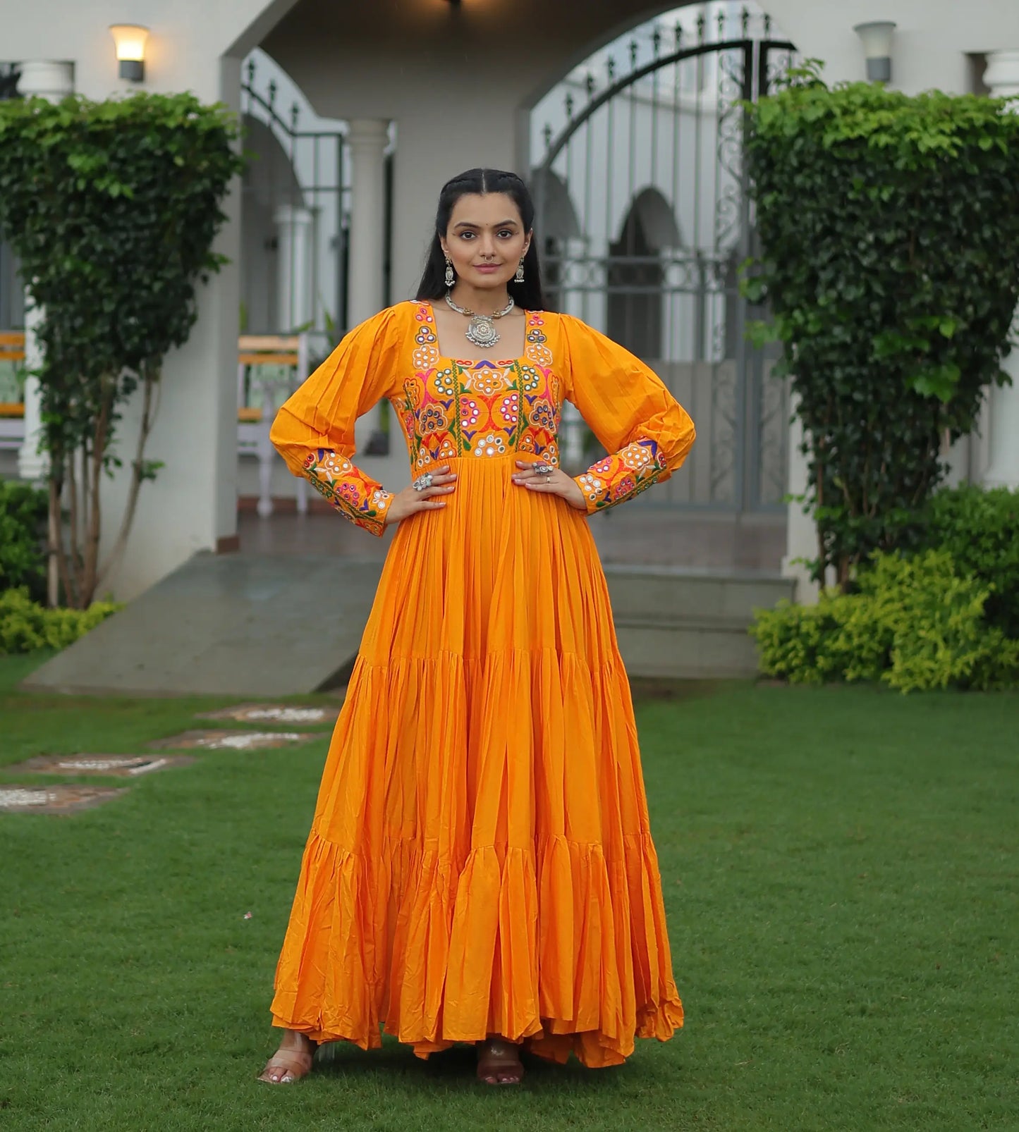 Yellow Kutchi Gamthi Work Mirror Work Rayon Navratri Gown