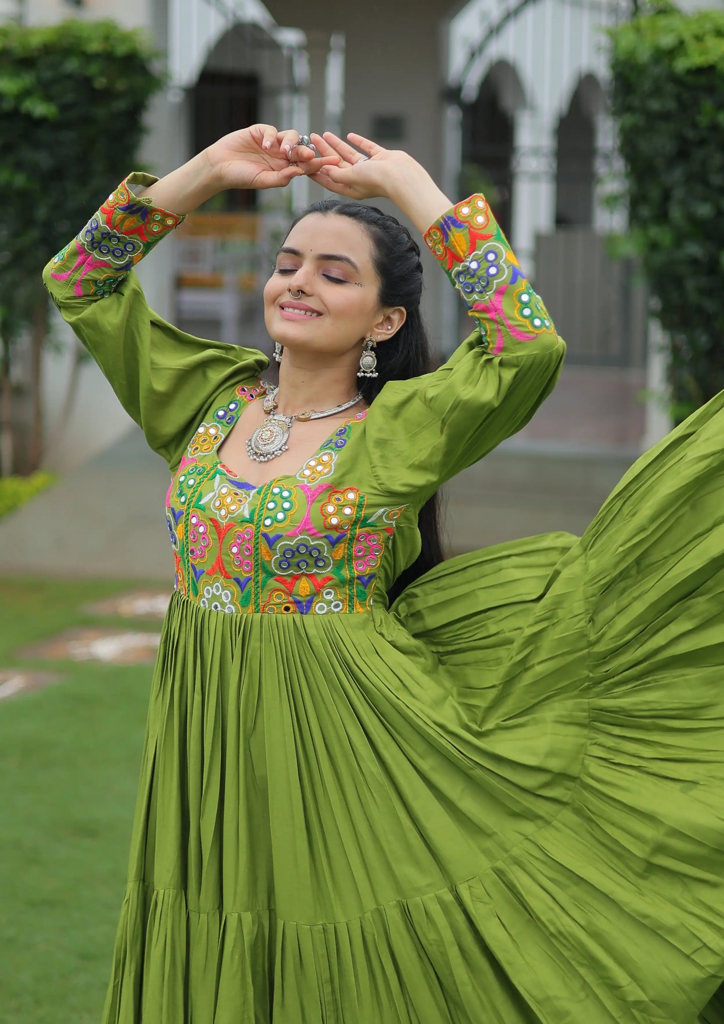 Camo Green Kutchi Gamthi Work Mirror Work Rayon Navratri Gown