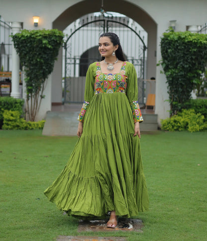 Camo Green Kutchi Gamthi Work Mirror Work Rayon Navratri Gown