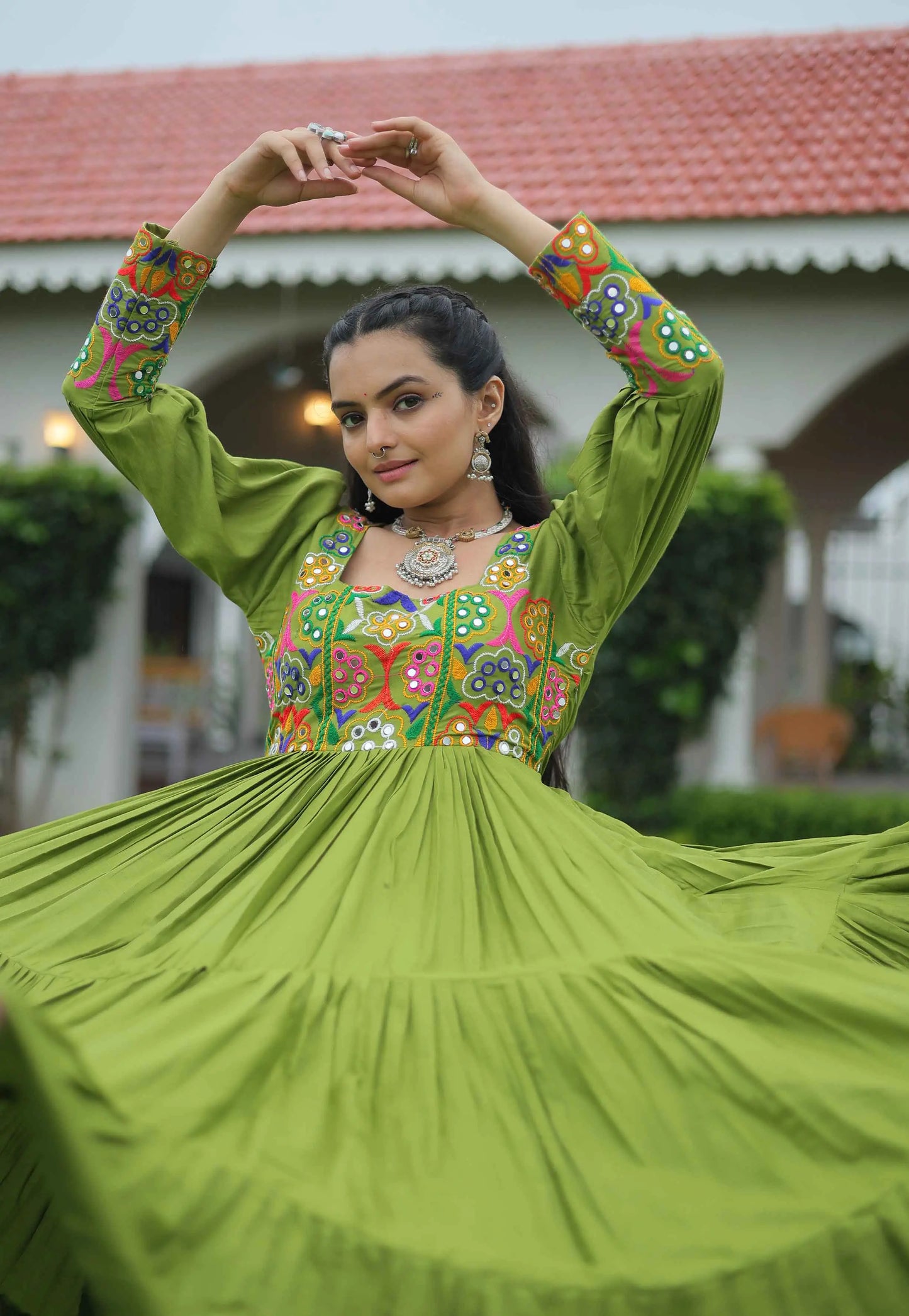 Camo Green Kutchi Gamthi Work Mirror Work Rayon Navratri Gown