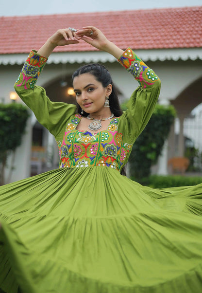 Camo Green Kutchi Gamthi Work Mirror Work Rayon Navratri Gown