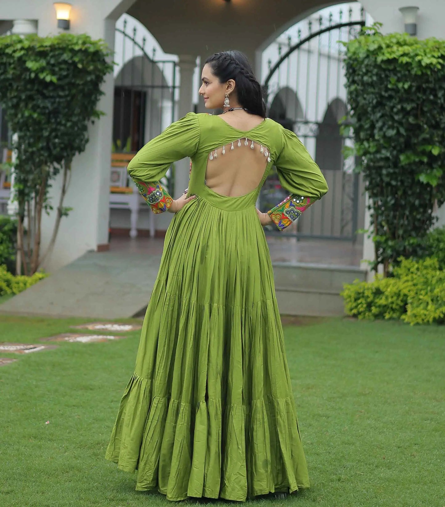 Camo Green Kutchi Gamthi Work Mirror Work Rayon Navratri Gown