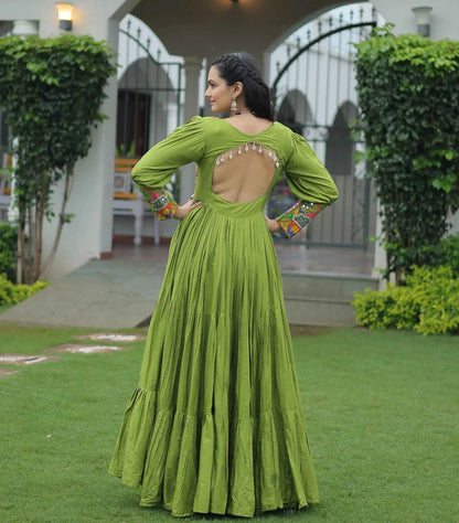 Camo Green Kutchi Gamthi Work Mirror Work Rayon Navratri Gown