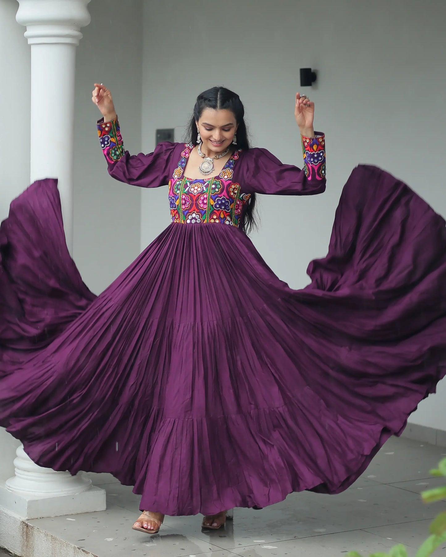 Wine Kutchi Gamthi Work Mirror Work Rayon Navratri Gown