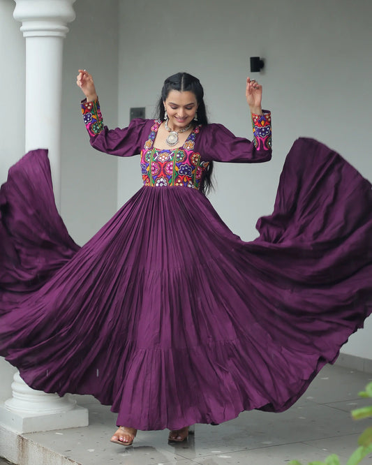 Wine Kutchi Gamthi Work Mirror Work Rayon Navratri Gown