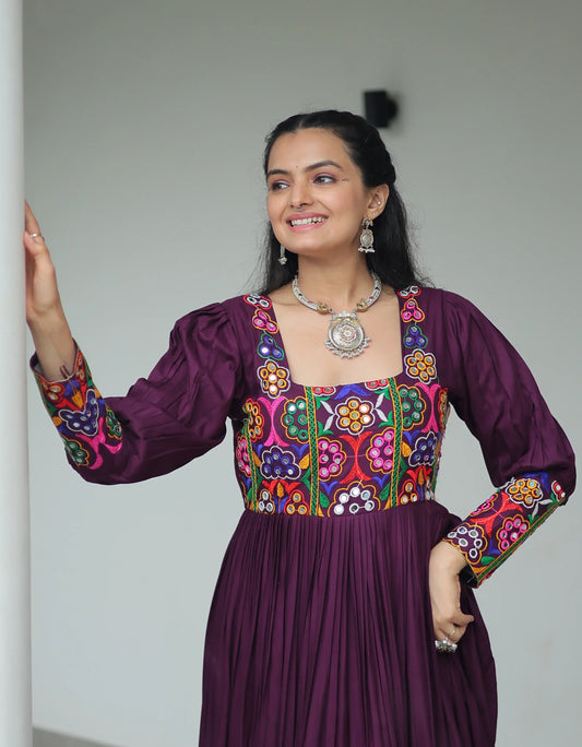 Wine Kutchi Gamthi Work Mirror Work Rayon Navratri Gown