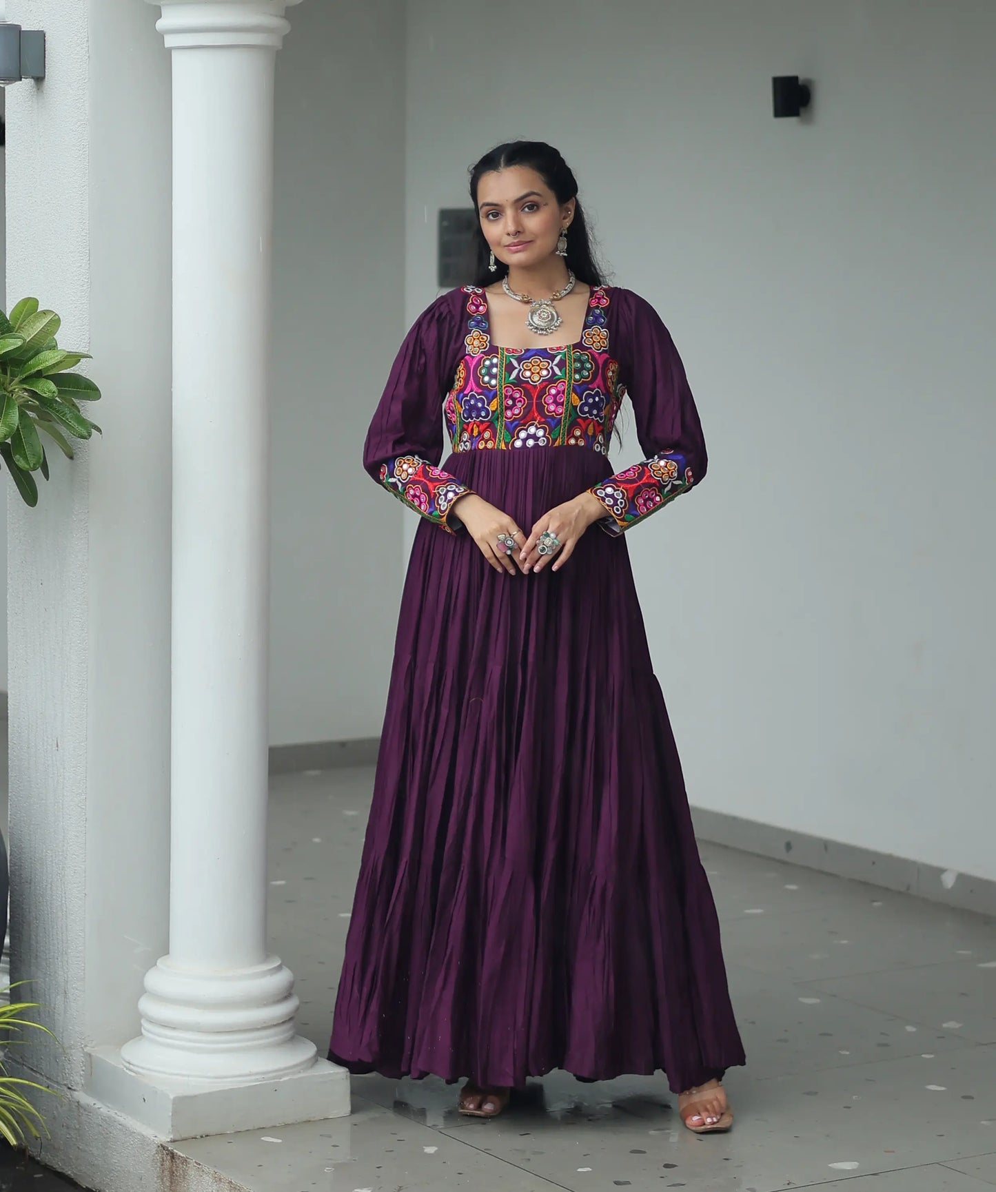 Wine Kutchi Gamthi Work Mirror Work Rayon Navratri Gown