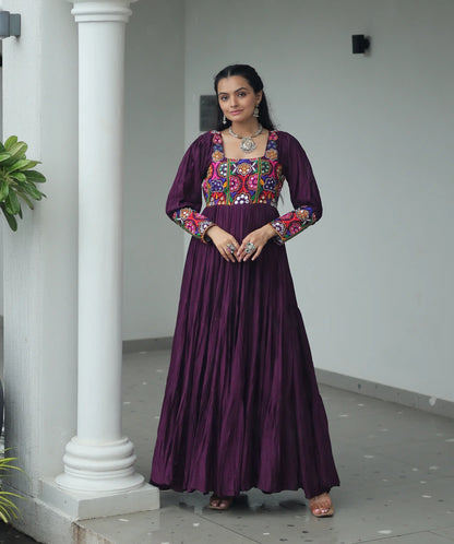 Wine Kutchi Gamthi Work Mirror Work Rayon Navratri Gown