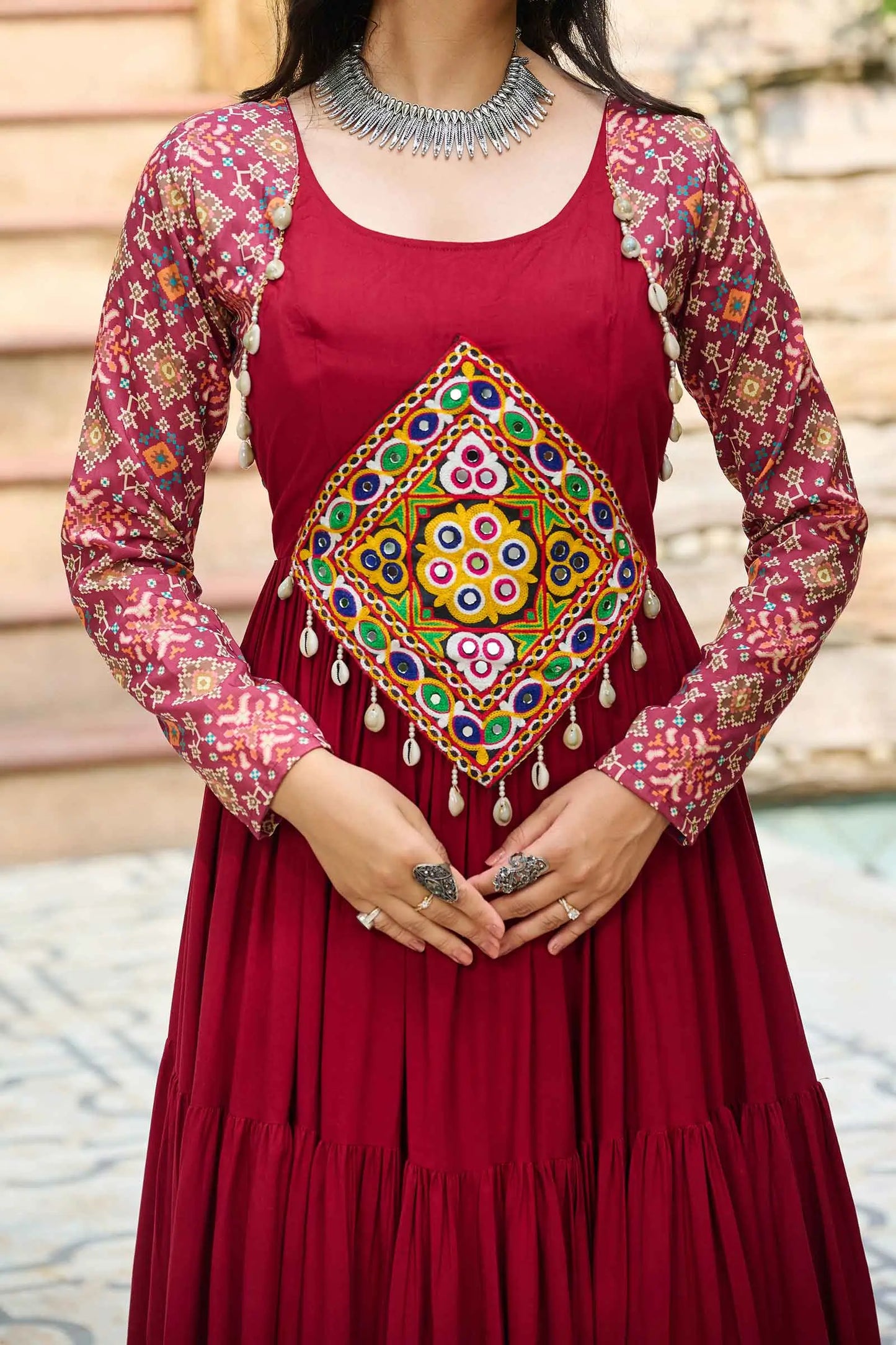 Maroon Rayon Print With Gamthi Patch Work Navaratri Koti-Style Gown
