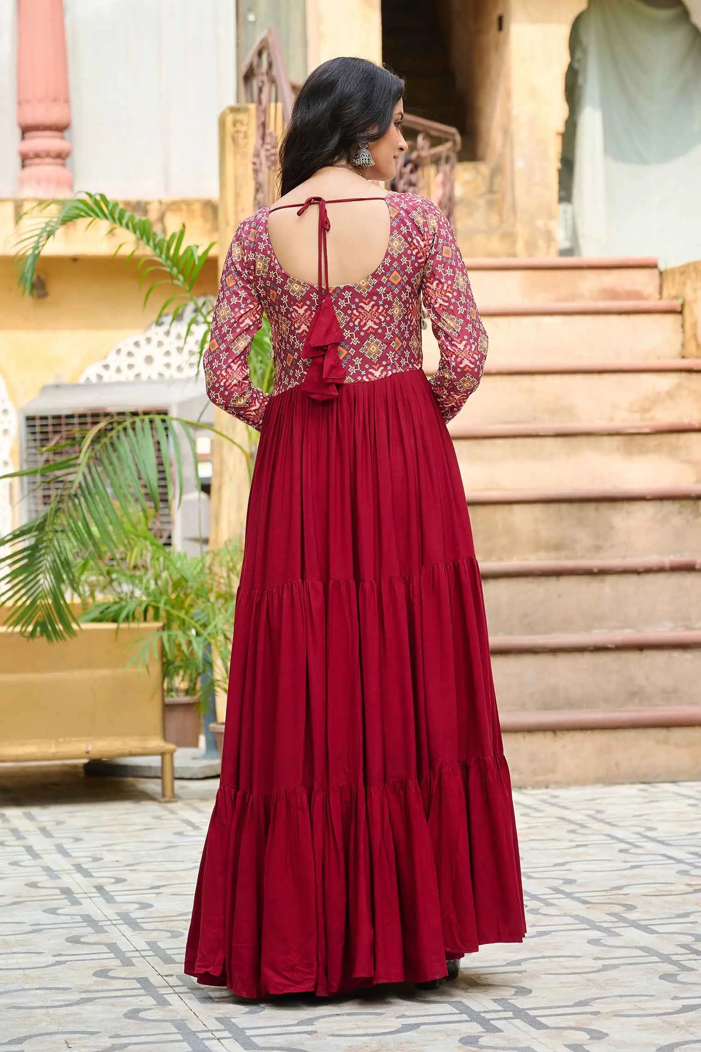 Maroon Rayon Print With Gamthi Patch Work Navaratri Koti-Style Gown