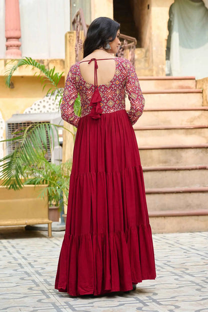 Maroon Rayon Print With Gamthi Patch Work Navaratri Koti-Style Gown