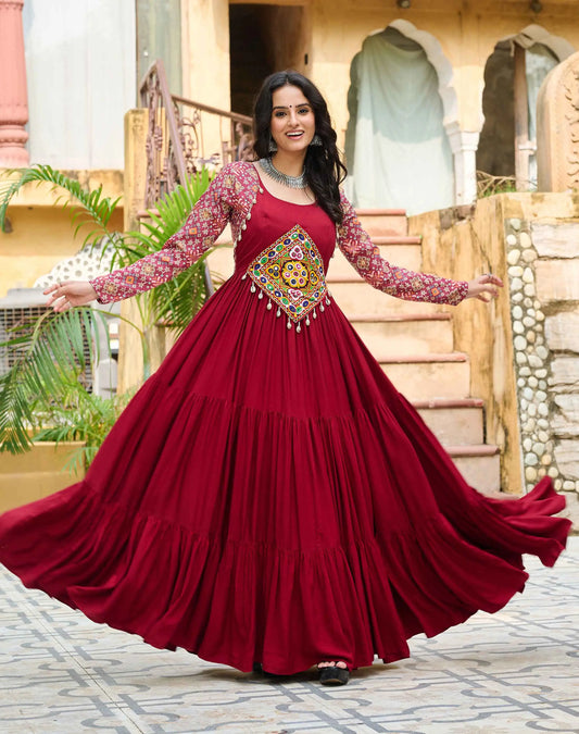 Maroon Rayon Print With Gamthi Patch Work Navaratri Koti-Style Gown