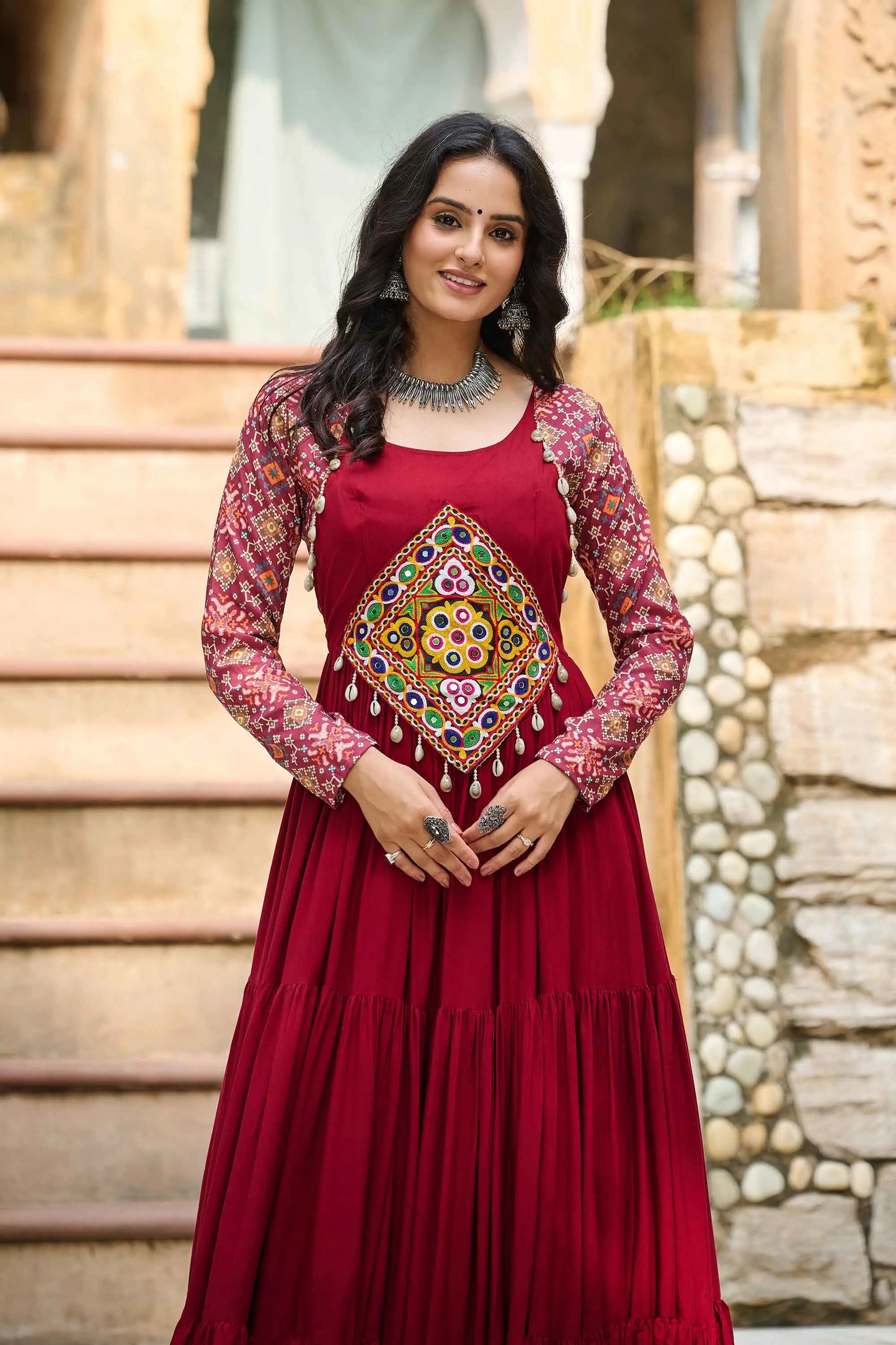 Maroon Rayon Print With Gamthi Patch Work Navaratri Koti-Style Gown