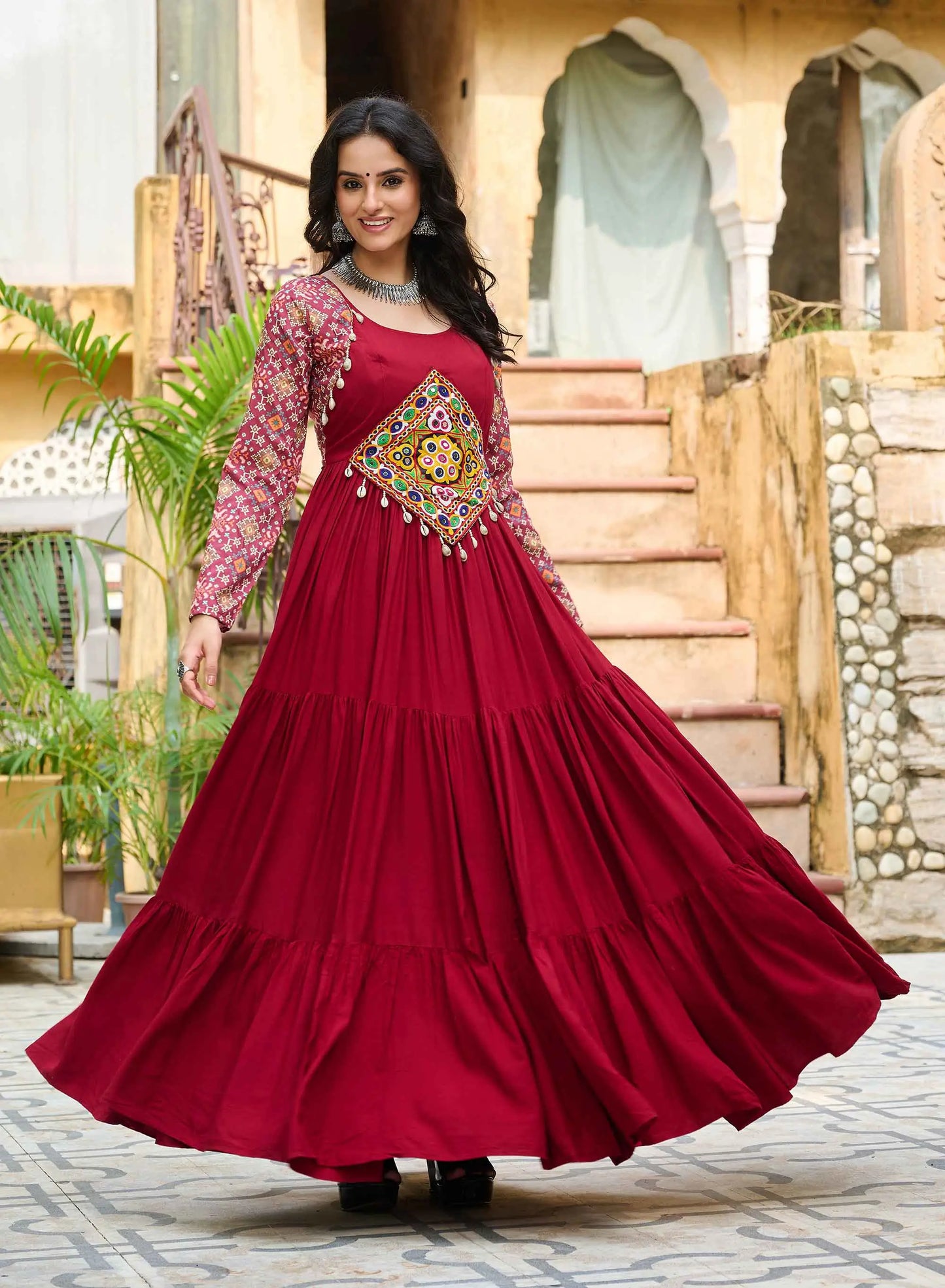 Maroon Rayon Print With Gamthi Patch Work Navaratri Koti-Style Gown