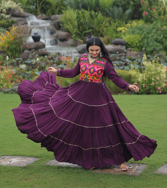 Wine Multi Thread Gamthi And Mirror Work Rayon Navaratri Gown