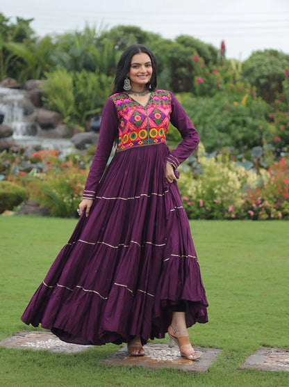 Wine Multi Thread Gamthi And Mirror Work Rayon Navaratri Gown