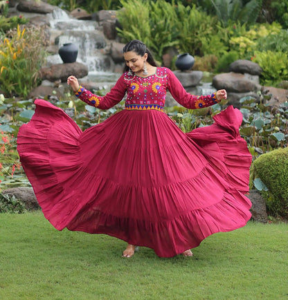 Maroon Rayon Multi Thread Embroidery Work Navaratri Gown