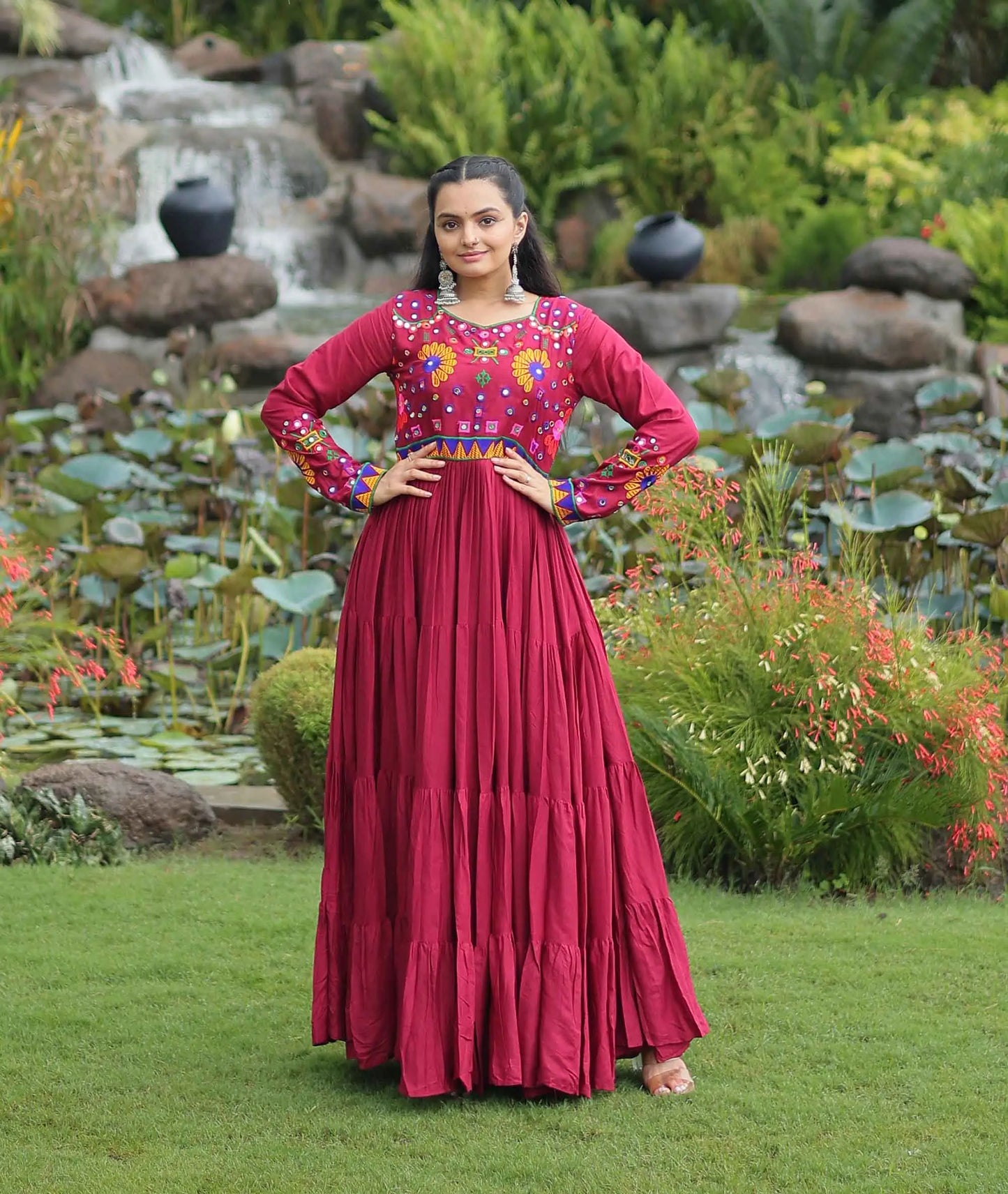 Maroon Rayon Multi Thread Embroidery Work Navaratri Gown