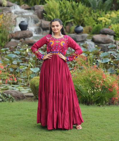 Maroon Rayon Multi Thread Embroidery Work Navaratri Gown