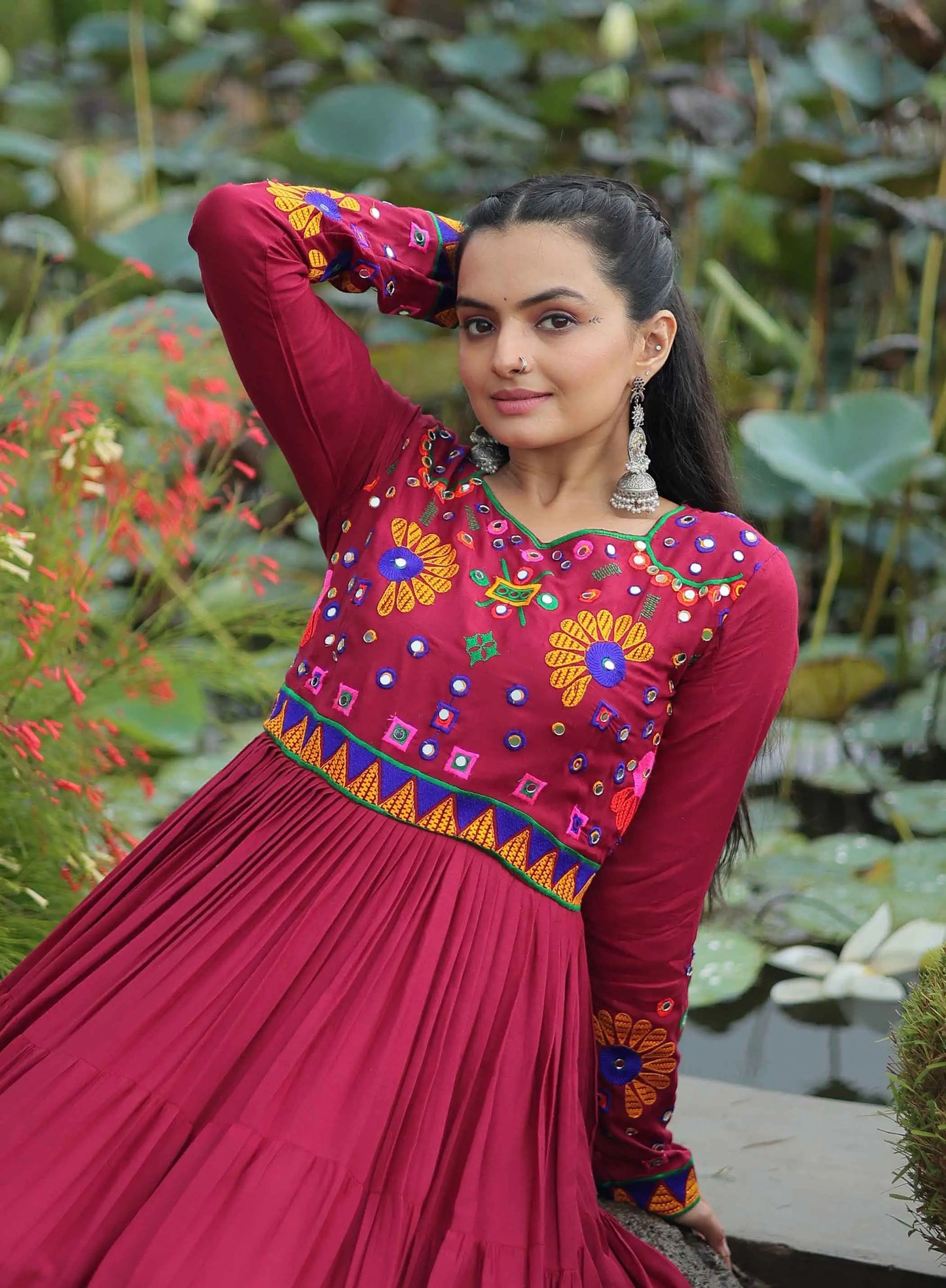 Maroon Rayon Multi Thread Embroidery Work Navaratri Gown