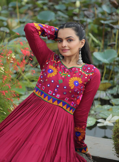 Maroon Rayon Multi Thread Embroidery Work Navaratri Gown