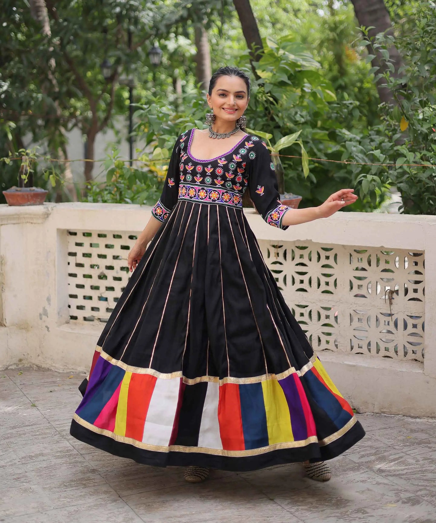 Black Navratri Gown Lace Embellished With Multi Thread Work