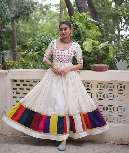 White Navratri Gown Lace Embellished With Multi Thread Work