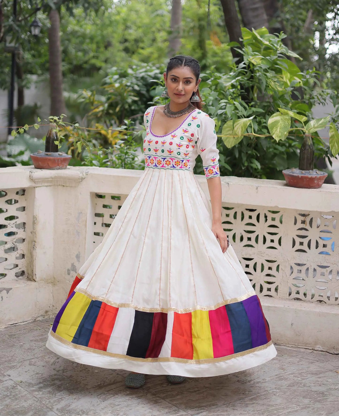 White Navratri Gown Lace Embellished With Multi Thread Work