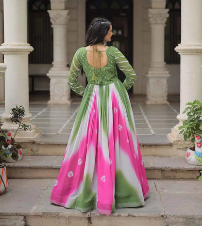 Green with Multicolor Bandhej & Gamthi Mirror Work  Gown