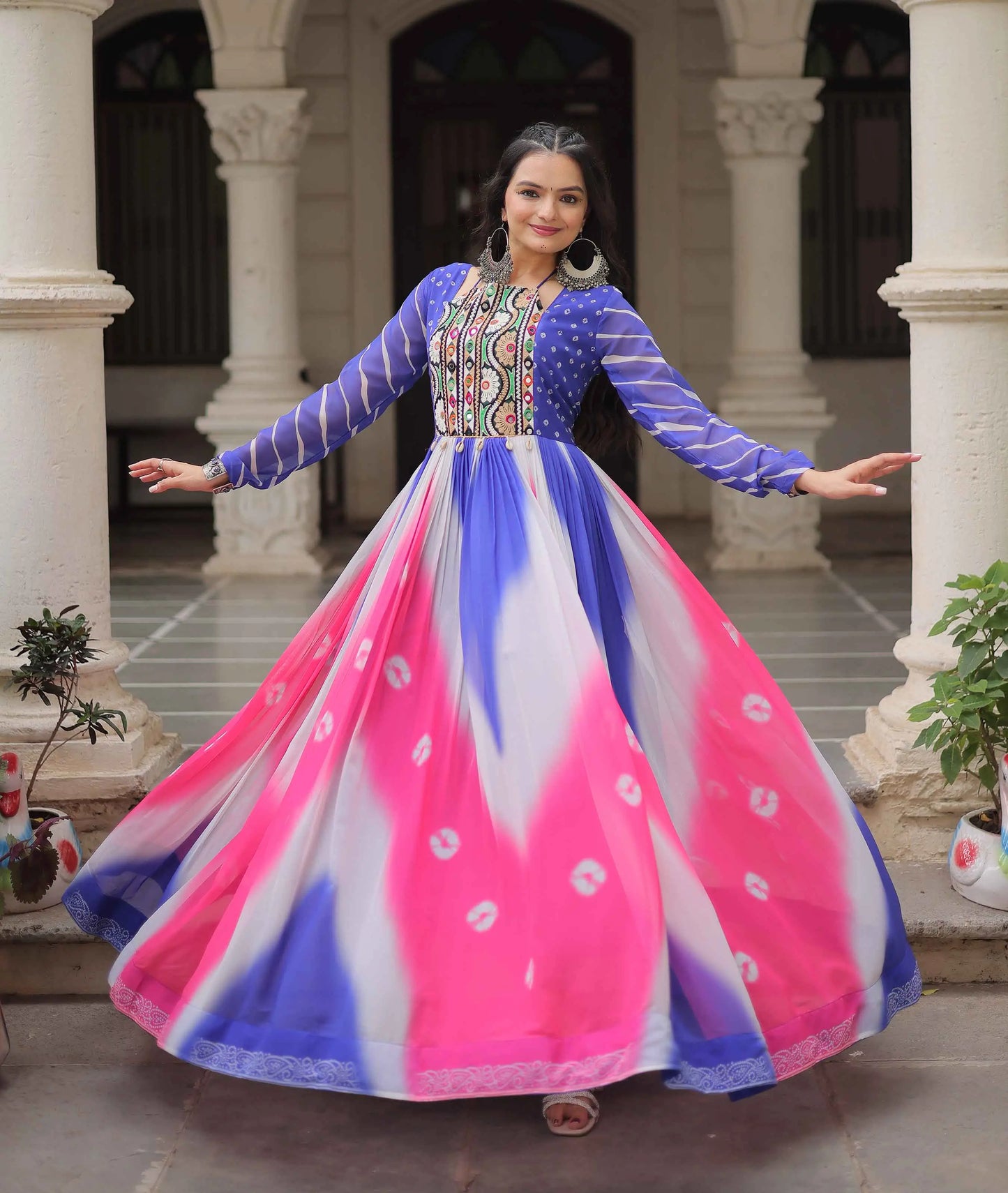 Blue with Multicolor Bandhej & Gamthi Mirror Work  Gown