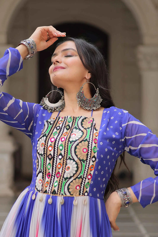 Blue with Multicolor Bandhej & Gamthi Mirror Work  Gown