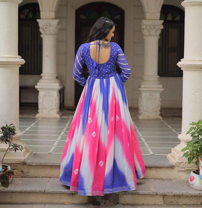 Blue with Multicolor Bandhej & Gamthi Mirror Work  Gown
