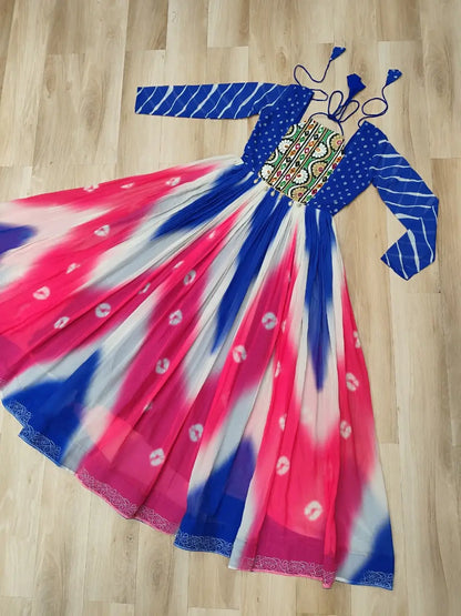 Blue with Multicolor Bandhej & Gamthi Mirror Work  Gown